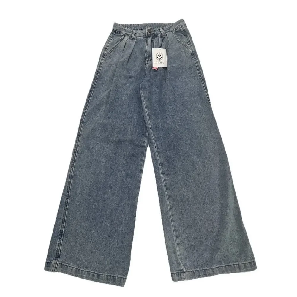 Cider Women's High Rise Pleated Wide Leg Jeans Size Small 26X28 Light wash 90s